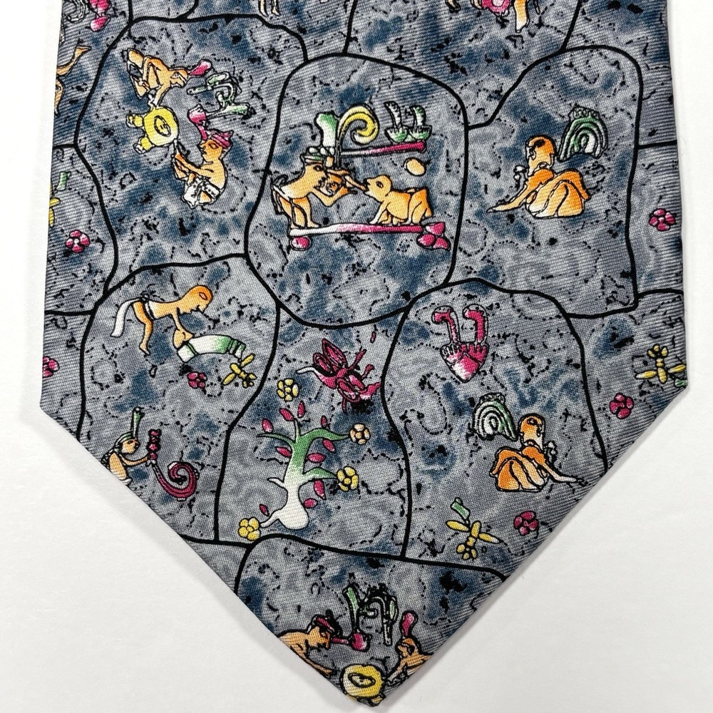 Pineda Covalin Tie Blue 100% Silk Aztec Mayan Preppy Whimsical Stone Age People